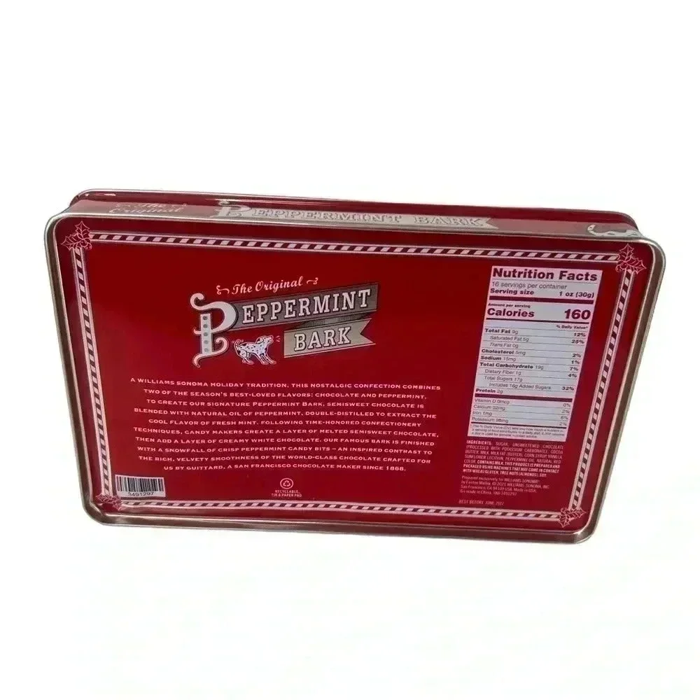 WILLIAMS SONOMA PEPPERMINT BARK DECORATIVE METAL TIN W/ LIF EMPTY CHRISTMAS